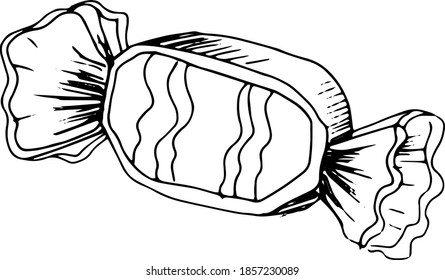 Candy, sweets. Vector hand-drawn graphic illustration, coloring book. Doodle, sketch, vintage, retro. Print, textiles, menus. Element separately on a white background. Black and white line graphics