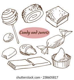 Candy, sweets, vector illustration in sketch style, hand-drawn design elements.