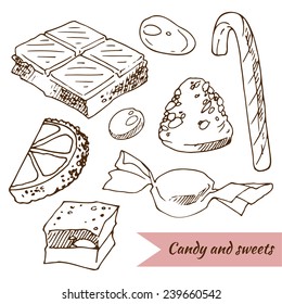 Candy, sweets, vector illustration in sketch style, hand-drawn design elements.