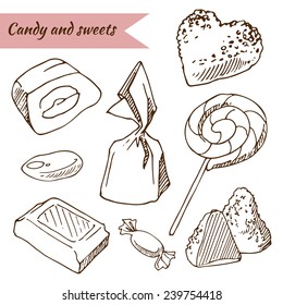 Candy, sweets, vector illustration in sketch style, hand-drawn design elements.