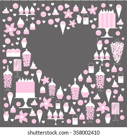 Candy table with cake and cupcakes. Wedding dessert bar. Pink colors. Vector illustration.
