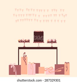 Candy table with cake and gifts.Vector Illustration