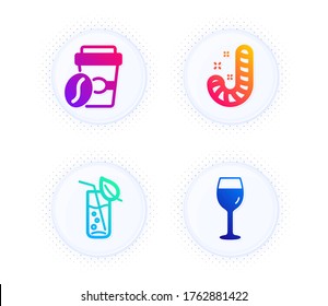 Candy, Takeaway coffee and Water glass icons simple set. Button with halftone dots. Wine glass sign. Lollypop, Roasted bean, Soda drink. Food and drink set. Gradient flat candy icon. Vector
