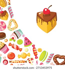 Dulces sabrosos. Fondo en forma de esquina con piruletas malvaviscos de caramelo de azúcar. Fondo de dibujos animados de Vector.