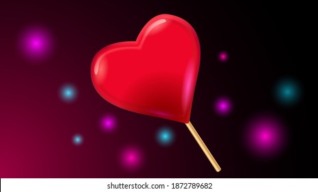 caramelos que van a tener un corazón dulce rojo en un palo en el día de San Valentín en un fondo oscuro