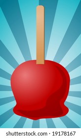manzana de caramelo sobre palo, ilustración sobre ráfaga radial