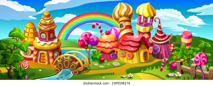 Candy town which is made of lollipop, cake, caramel and marmalade. Colorful houses, towers and bridge on the big panorama.
Vector cartoon illustration.