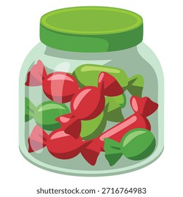 Caramelo en frasco transparente aislado icono de Vector plano sobre fondo blanco estilo simplificado perfecto para el dulce de la golosina de envasado de alimentos o diseño temático de postre