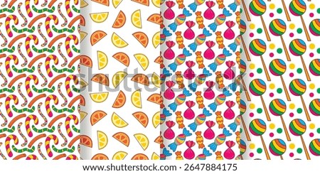 Candy treats seamless pattern set. Background with sweets, lollipops, marmalade and gummy worms. Yummy print for baby textile, wrapping paper, fabric, design. Vector graphic