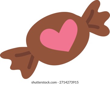 Doce com envoltório de torção com emblema de coração, contornos arrojados e formas limpas. Símbolo de amor, doçura, presente e afeto por marketing e branding de férias. Ilustração de vetor de desenhos animados.