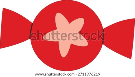 Candy with twisted wrapper ends and floral center emblem in bold shapes. Symbol of reward, celebration, and sugar craving; dessert, bonbon, and confection imagery. Cartoon vector illustration.