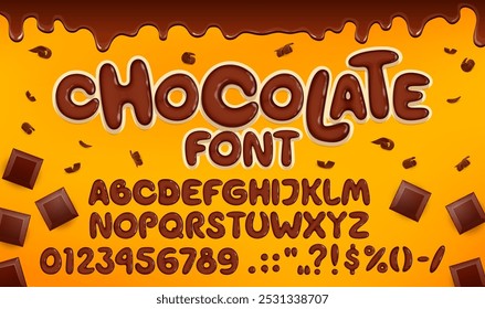 Tipo de doce, fonte de chocolate, tipo de chocolate marrom, letras saborosas do alfabeto inglês e números feitos de sobremesa de chocolate escuro derretido. Fonte de tipografia vetorial com barras de chocolate e cachos de chocolate