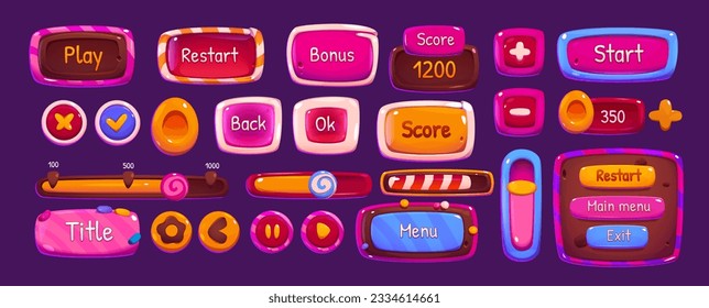 Candy ui game app interface and button frame glossy icon set. Pink jelly and lollipop play design with loading, close, window, panel, slider, arrow and circle beautiful fantasy cute item collection.