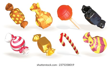 candy vector 3d illustration set with candy can, lollipop, chocolate candy, truffle 3d icon