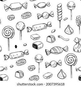 candy, vector doodle illustration. Seamless pattern design. Chocolate candies, lollipops, marshmallow, lozenges, marmalade, dragee, drops. 