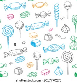 candy, vector doodle illustration. Seamless pattern design. Chocolate candies, lollipops, marshmallow, lozenges, marmalade, dragee, drops. 