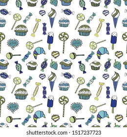 Candy vector doodle. On blue, white and black colors. Seamless pattern with watercolor sweets candies.