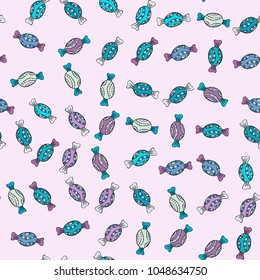Candy vector doodle. Seamless pattern with watercolor sweets candies. On neutral, blue and black colors.