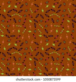 Candy vector doodle. Seamless pattern with watercolor sweets candies. On brown, black and red colors.