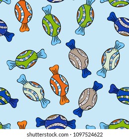 Candy vector doodle. Seamless pattern with watercolor sweets candies. On neutral, blue and black colors.