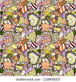 Candy vector doodle. Seamless pattern with watercolor sweets candies. On black, white and beige colors.