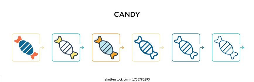 Candy vector icon in 6 different modern styles. Black, two colored candy icons designed in filled, outline, line and stroke style. Vector illustration can be used for web, mobile, ui
