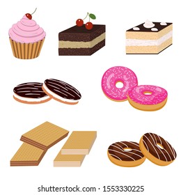 Candy. Vector image of cakes, donuts and waffles isolated colored on white background