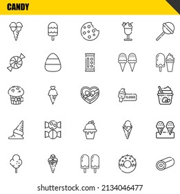 candy vector line icons set. ice cream, cotton candy and muffin Icons. Thin line design. Modern outline graphic elements, simple stroke symbols stock illustration