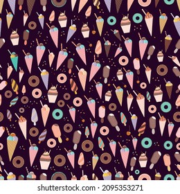  candy vector pattern with donuts, chocolate ice cream, cupcakes, cone ice cream, colorful 