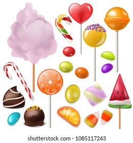 Candy vector sweet food dessert lollipop or caramel bonbon in confectionery or candyshop illustration set of candyfloss and sweetie canesugar isolated on white background