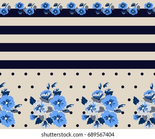 Candy vintage feedsack border in small flowers. Indigo millefleurs. Floral sweet geometric seamless background for textile, fabric, covers, wallpapers, print, wrap, scrapbooking, quilting, decoupage.