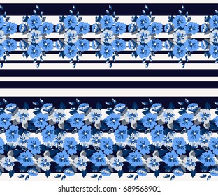 Candy vintage feedsack border in small flowers. Indigo millefleurs. Floral sweet geometric seamless background for textile, fabric, covers, wallpapers, print, wrap, scrapbooking, quilting, decoupage.