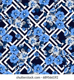 Candy vintage feedsack pattern in small flowers. Indigo millefleurs. Floral sweet geometric seamless background for textile, fabric, covers, wallpapers, print, wrap, scrapbooking, quilting, decoupage.