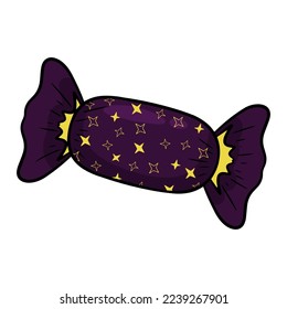 Candy in violet wrapper with yellow stars. Vector illustration. Cartoon style