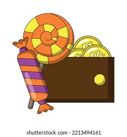 Candy   Wallet and money  Draw illustration in color