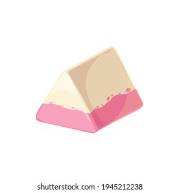 Candy with white chocolate and strawberry cream isolated cheesecake icon. Vector triangle or pyramid shape of confection in 3D design, sweet tasty dessert, delicious creamy treat, confectionery food