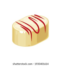 Candy in white glaze and red caramel topping isolated tasty confectionery snack. Vector sweet holiday treat, delicious choco product in realistic design. Swiss chocolate confection, one oval candy