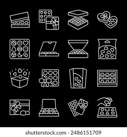 Candy, white line icons. Gift boxes of chocolate candies and sweets. Ideal for confectionery and gift-giving themes. Symbols on black background. Editable stroke.