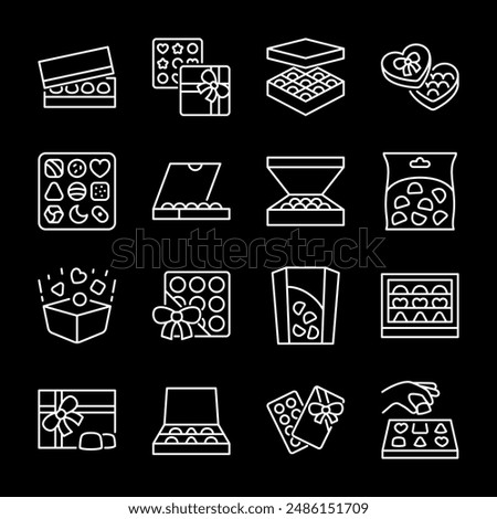 Candy, white line icons. Gift boxes of chocolate candies and sweets. Ideal for confectionery and gift-giving themes. Symbols on black background. Editable stroke.