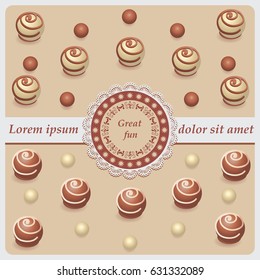 Candy in white and milk chocolate. Great fun. Vector image. Beige background. Design with a lace cloth wrapping, greeting, greetings, print on fabric or paper.