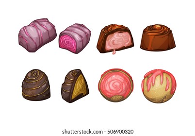 Candy Whole And In A Cut Isolated On White Background. Vector Sweets. Set Of Vector Elements.