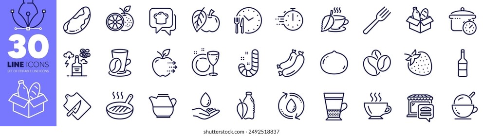 Candy, Wine and Food time line icons pack. Macadamia nut, Fork, Alcohol addiction web icon. Brazil nut, Water care, Ice cream pictogram. Apple, Orange, Coffee. Food market, Grill pan. Vector