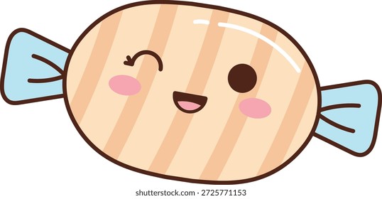 Caramelo con una cara que guiña el ojo, mejillas rosadas y envoltura termina en un dibujo animado de contorno audaz. Símbolo de dulzura, alegría, recompensa y celebración por la marca de confitería. Ilustración vectorial de dibujos animados.