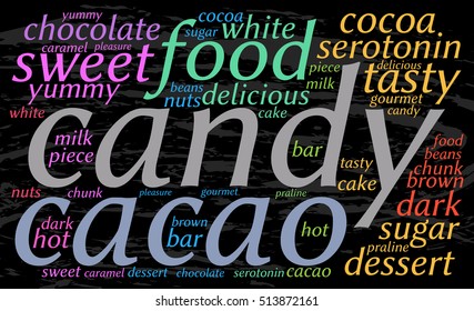 Candy. Word cloud, black water background, elegant font, bright screen saver gourmet.