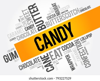 Candy word cloud collage, food concept background