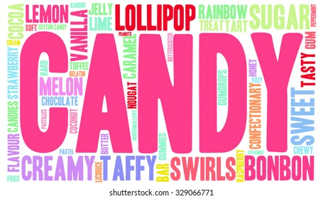 Candy word cloud on a white background. 