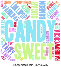 Candy word cloud on a white background. 