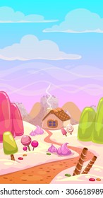 Candy world illustration, vector landscape with sweet elements, vertical background