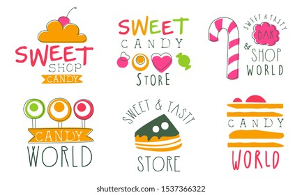 Candy World Logo Templates Set, Sweet and Tasty Store Bright Hand Drawn Badges Vector Illustration