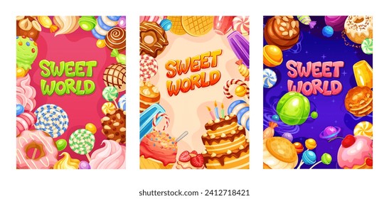 Candy world posters. Sweet wonderland banner design, fantasy donuts planet in galaxy space, chocolate jelly sweets cake caramel lollipop kids dessert, neoteric vector illustration